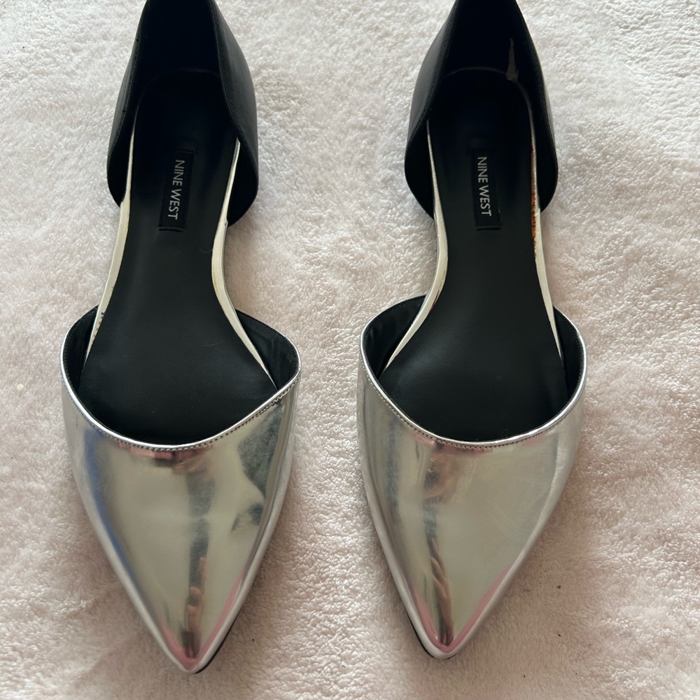 Nine West Silver Pointed D'Orsay Flats with Black Heel